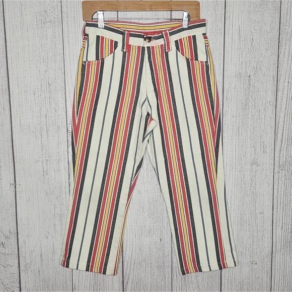 VTG 60s FARAH Denim Red, White, Blue & Yellow Striped Cropped Pants, 29x22